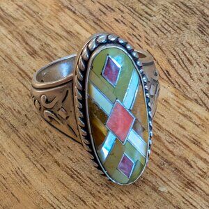 Vintage Carolyn Pollack Relios 925 Sterling Silver Oval Mosaic Inlay Ring Size 7